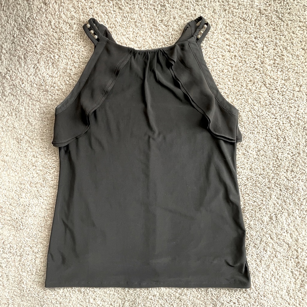 White House Black Market Black Ruffle Beads High Neck Sleeveless Top Size XS